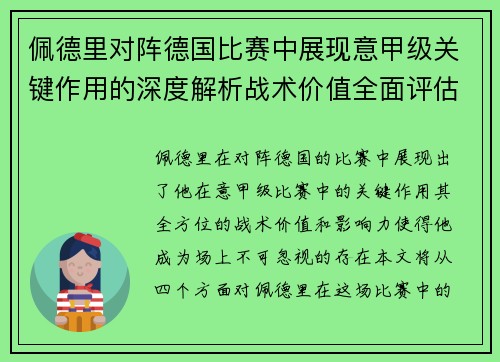 佩德里对阵德国比赛中展现意甲级关键作用的深度解析战术价值全面评估